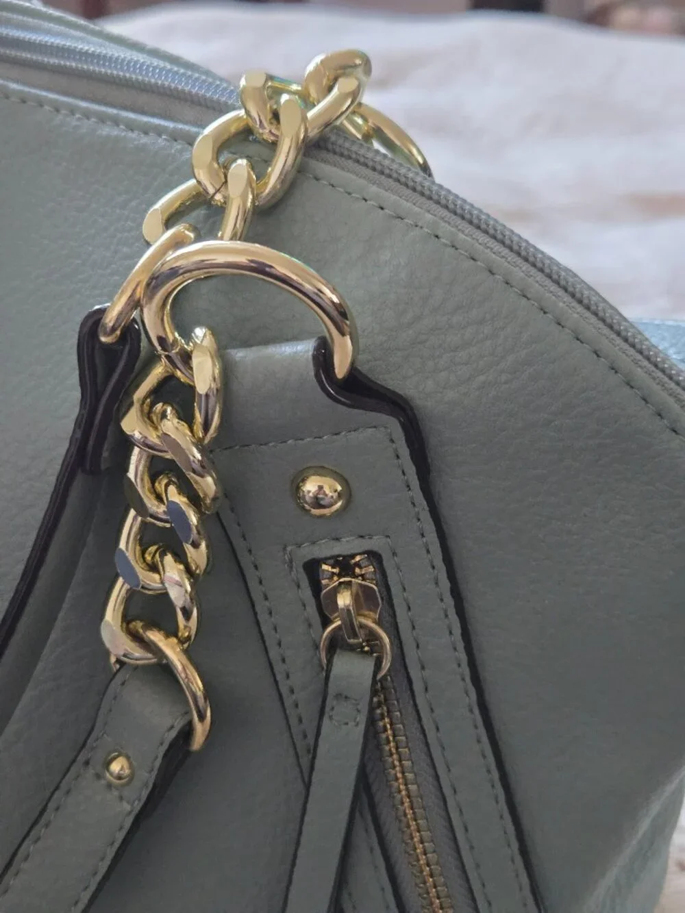 Juicy Couture Pebbled Leather Crossbody Satchel, Light Gray/Teal, Gold Hardware